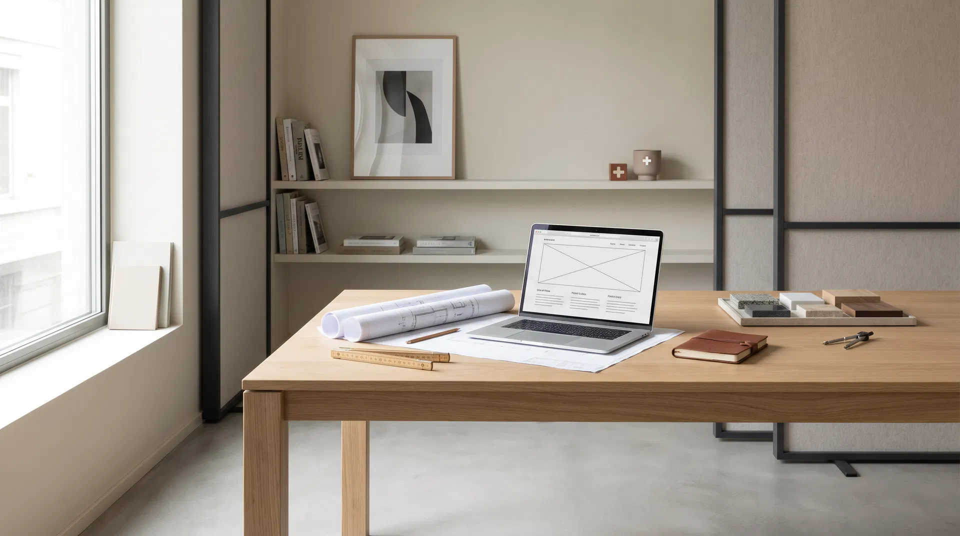 Moderner Arbeitsplatz mit Laptop, der ein Website-Wireframe zeigt