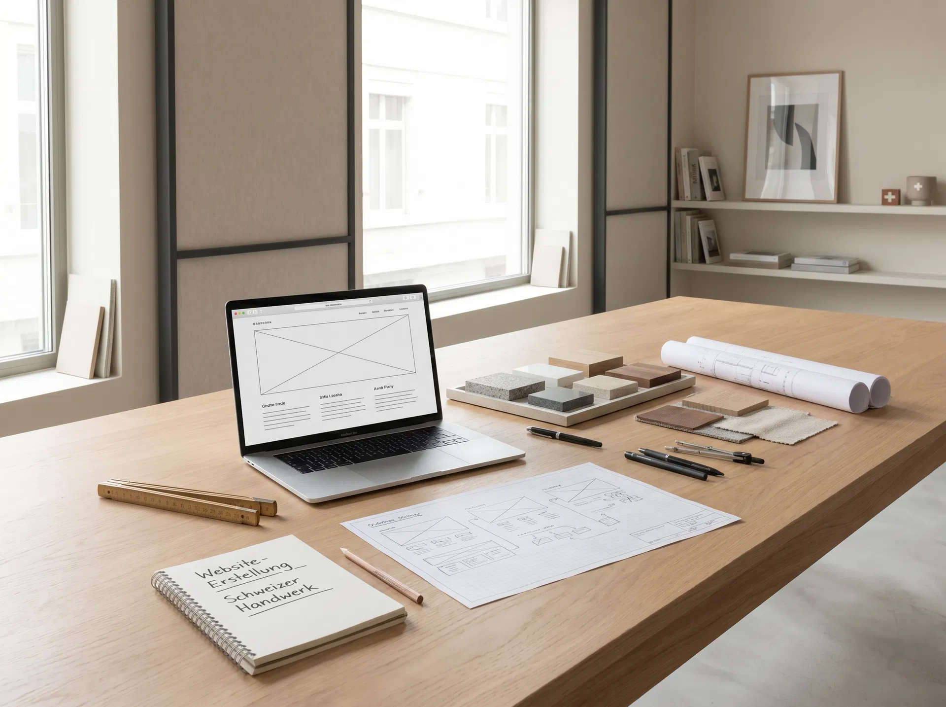 Arbeitsplatz mit Laptop und Wireframe-Skizzen für eine neue Website