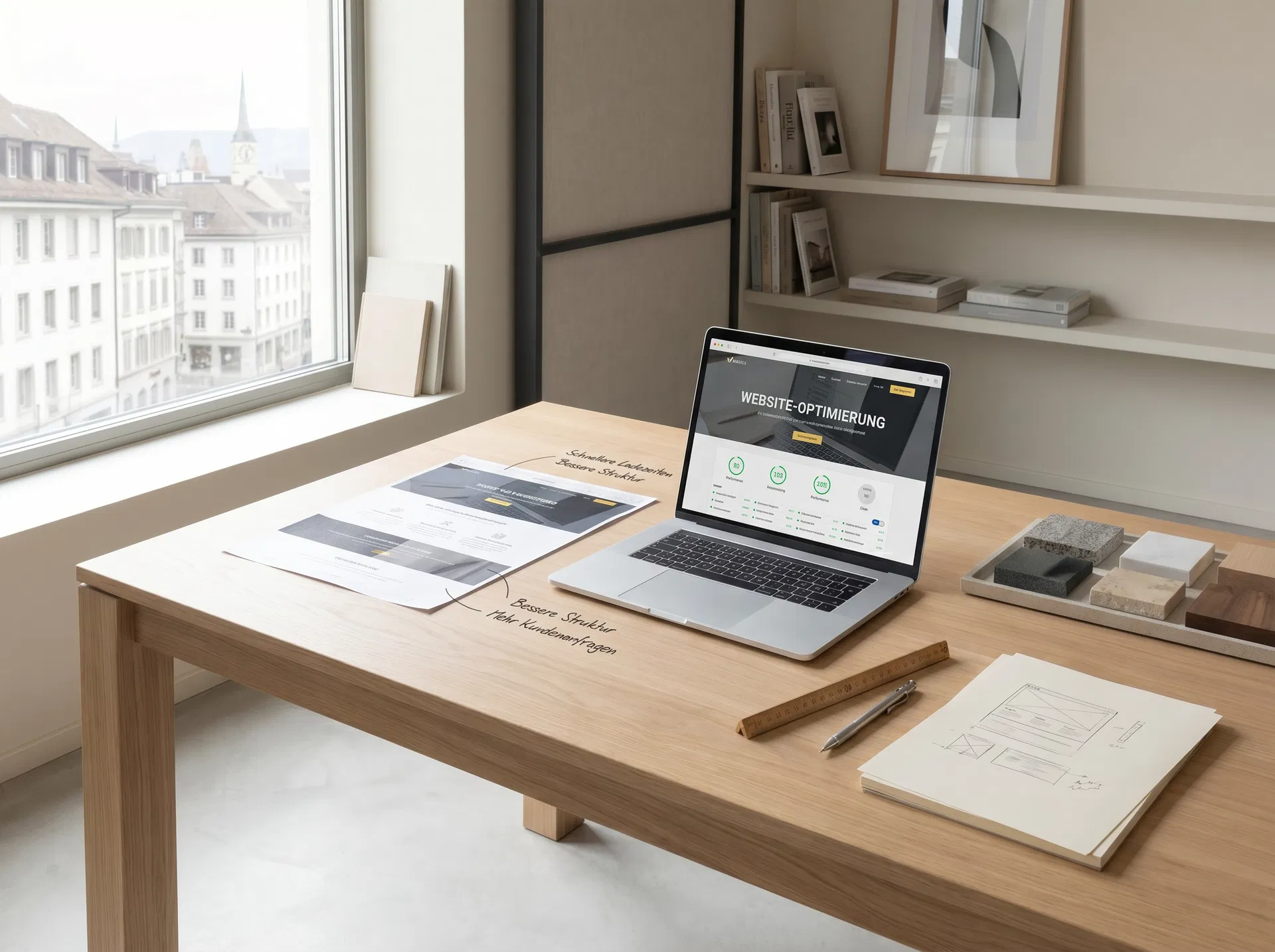 Laptop zeigt eine optimierte Website mit Performance-Metriken