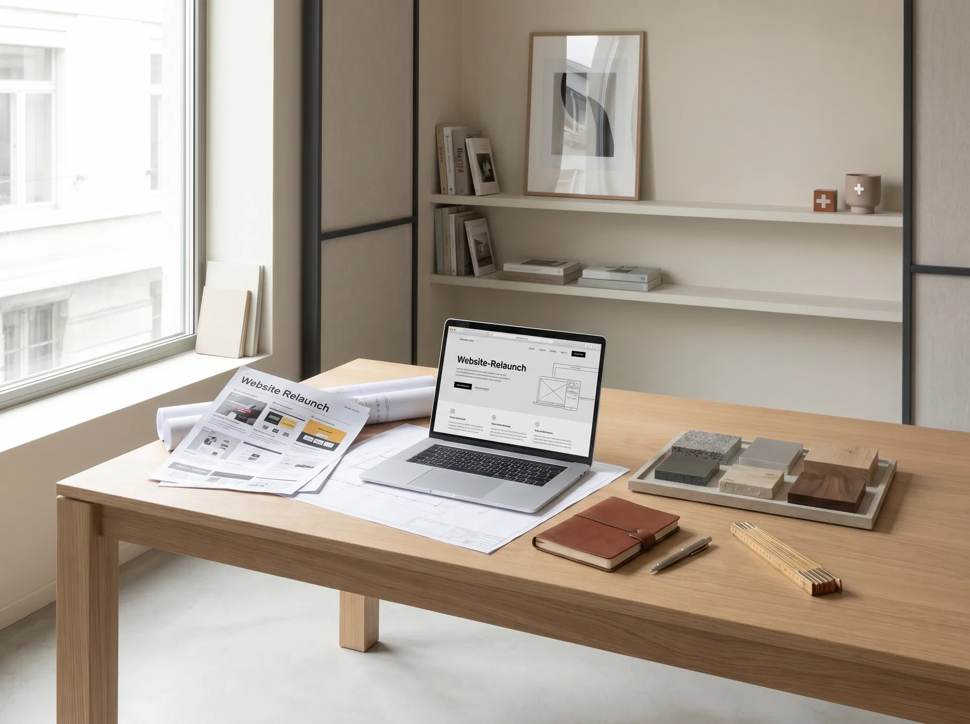 Laptop und Planungsunterlagen für einen Website-Relaunch